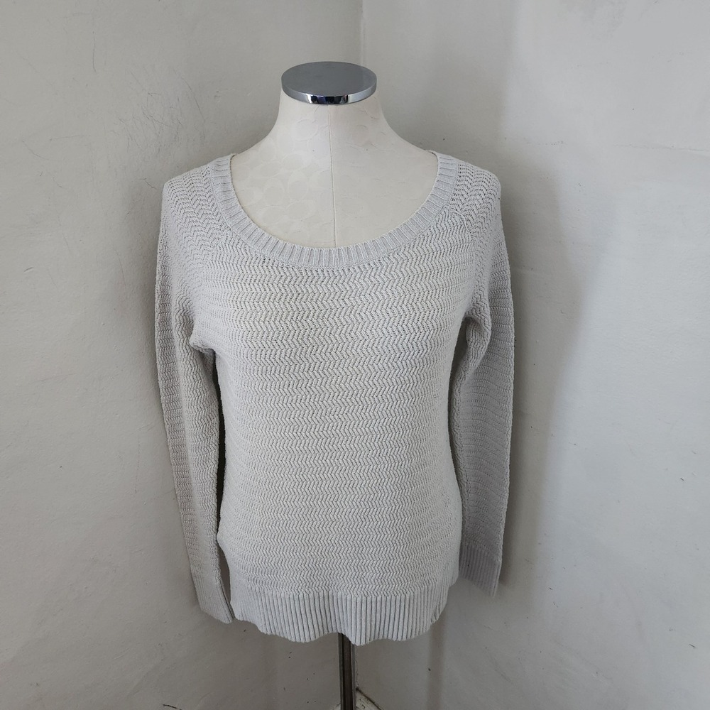 Ann Taylor LOFT Womens Medium Gray Chevron Textured Knit Scoop Neck Sweater